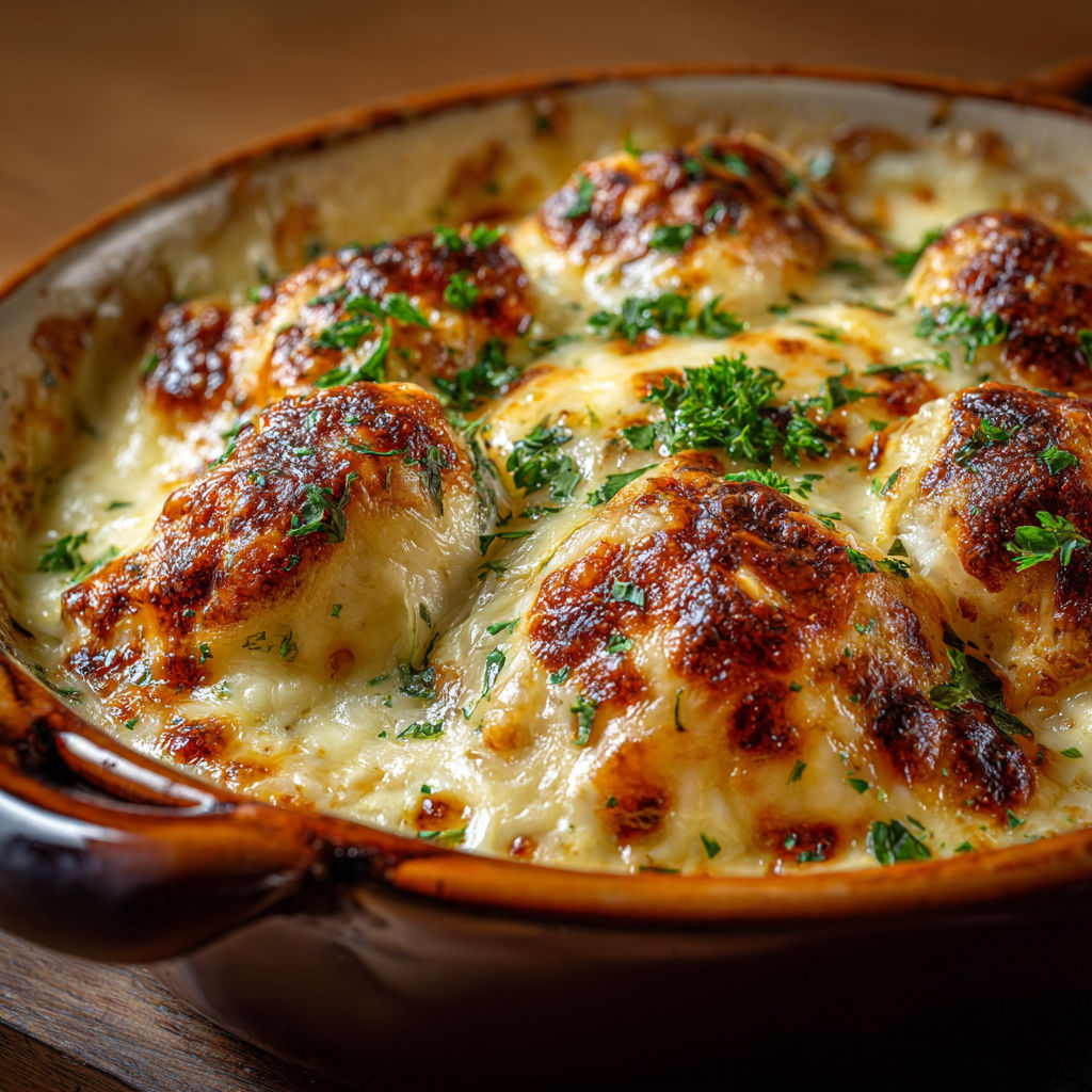 Un grand plat à gratin de quenelles de volaille au comté, tout doré, prêt à être servi.