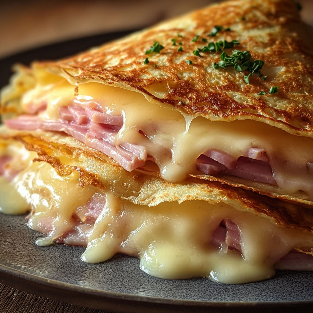 Un sandwich au croissant rempli de fromage avec des herbes, accompagné d’une sauce beurrée.