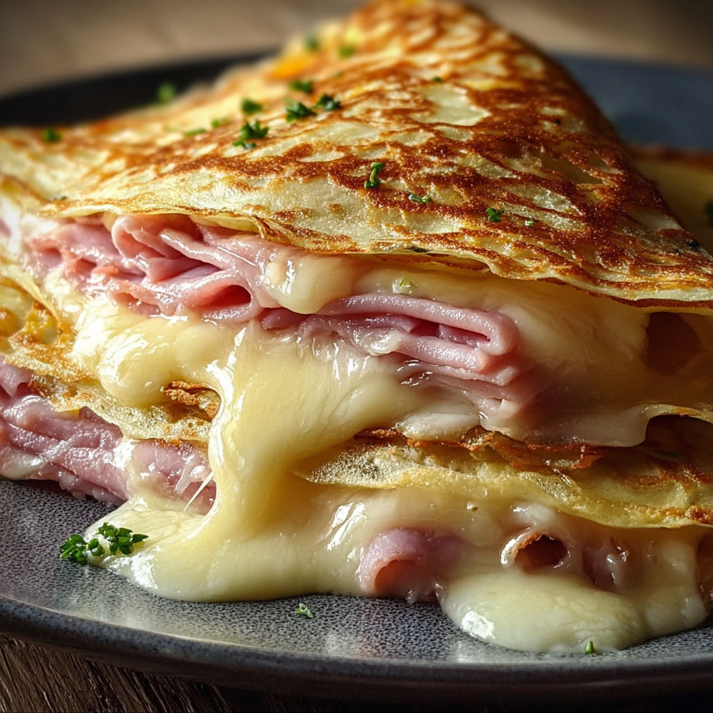 Un sandwich jambon-fromage couronné d’herbes fraîches.
