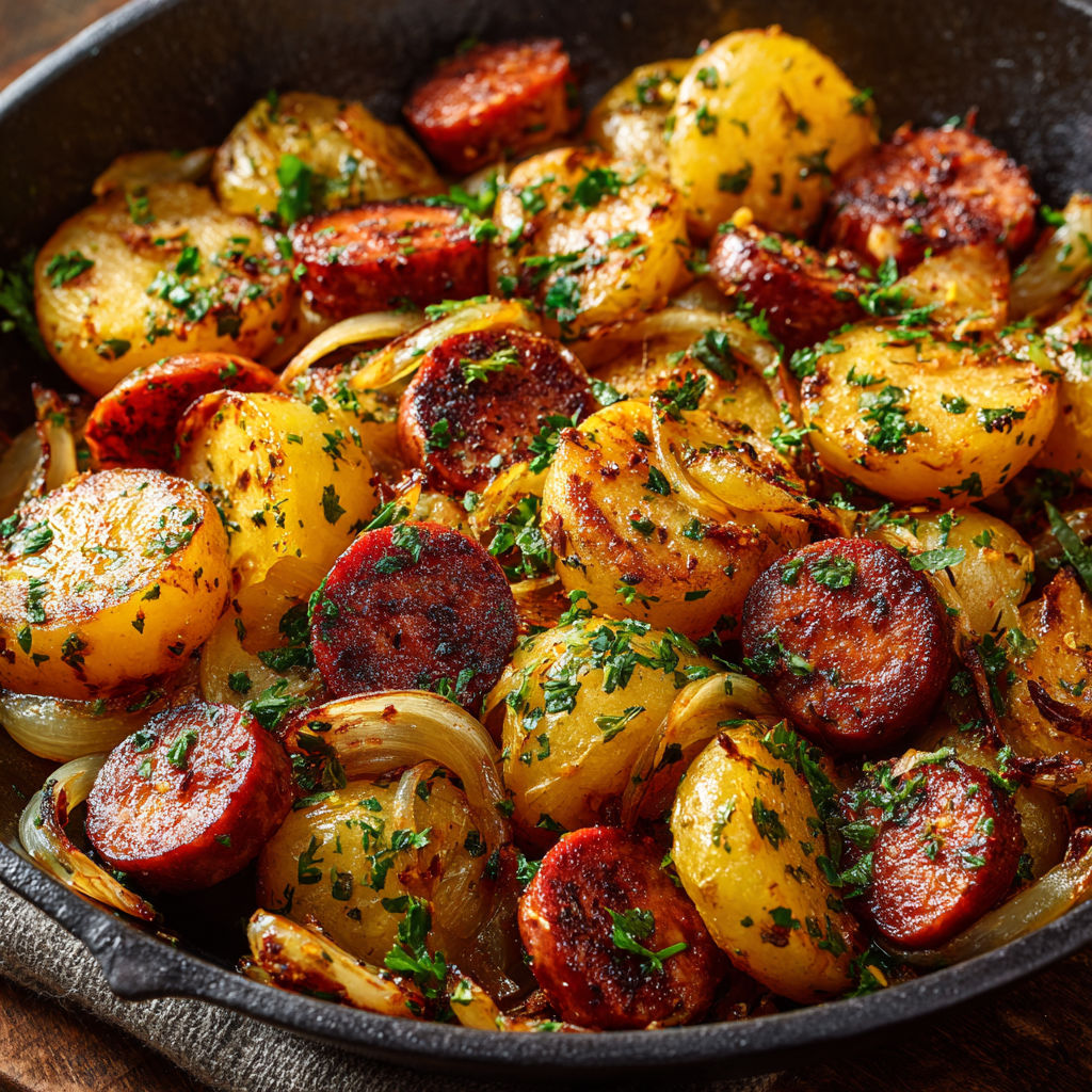 Pommes de terre bien dorées et morceaux de saucisses fumées avec des herbes fraîches dans un bol posé sur une table.