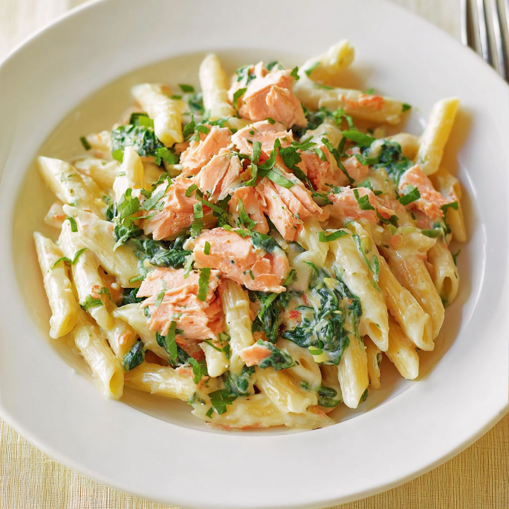Un plat de pâtes crémeuses au saumon, rehaussé de touche de coriandre et de légumes verts.