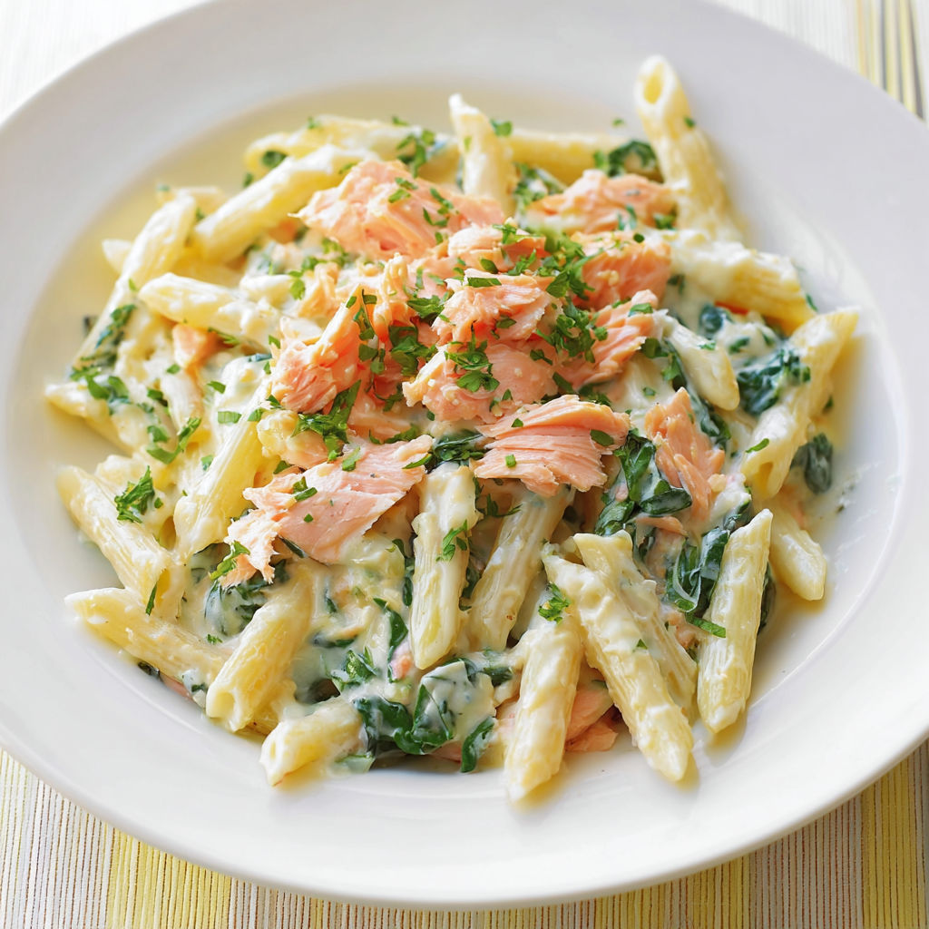 Assiette colorée de penne, légumes verts et poisson saumon.