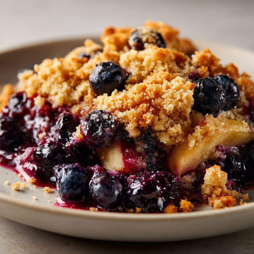 Un croustillant sain aux bleuets et pommes, présenté sur un joli plat en céramique.