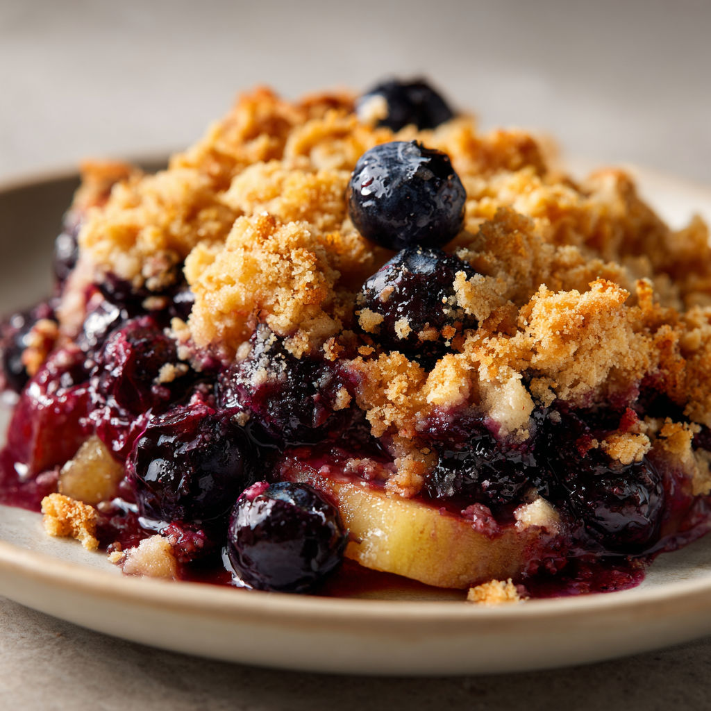 Une part de crumble aux baies et pommes servie sur plateau, croustillant sur le dessus.