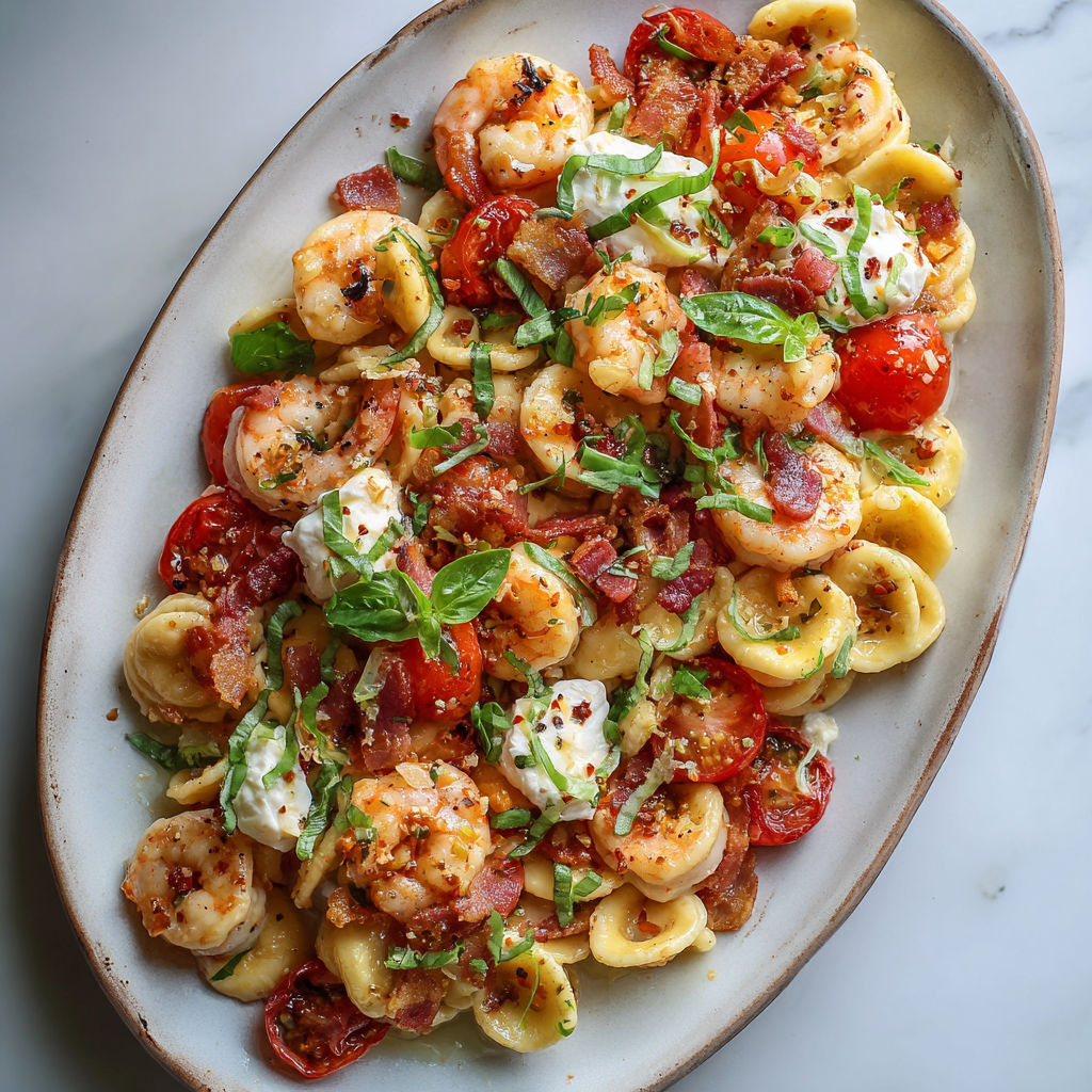 Un bol rempli de pâtes, de crevettes et de tomates posé sur une table familiale.