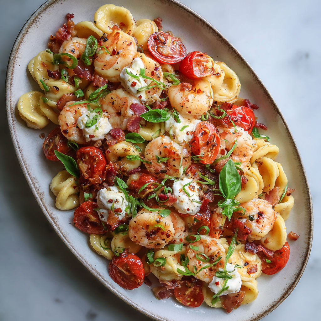 Une assiette généreuse de pâtes, crevettes et tomates fraîches présentée sur de la céramique claire.