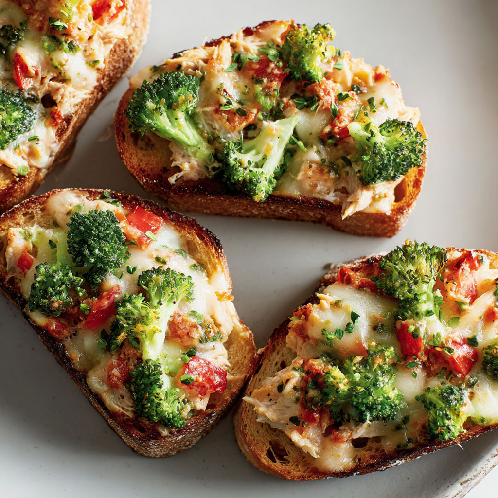 Tartines au thon et brocoli, colorées et appétissantes.
