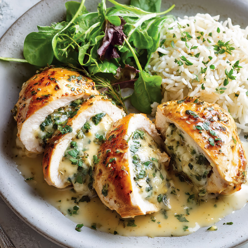Poulet accompagné d'herbes fraîches et de riz dans l’assiette.