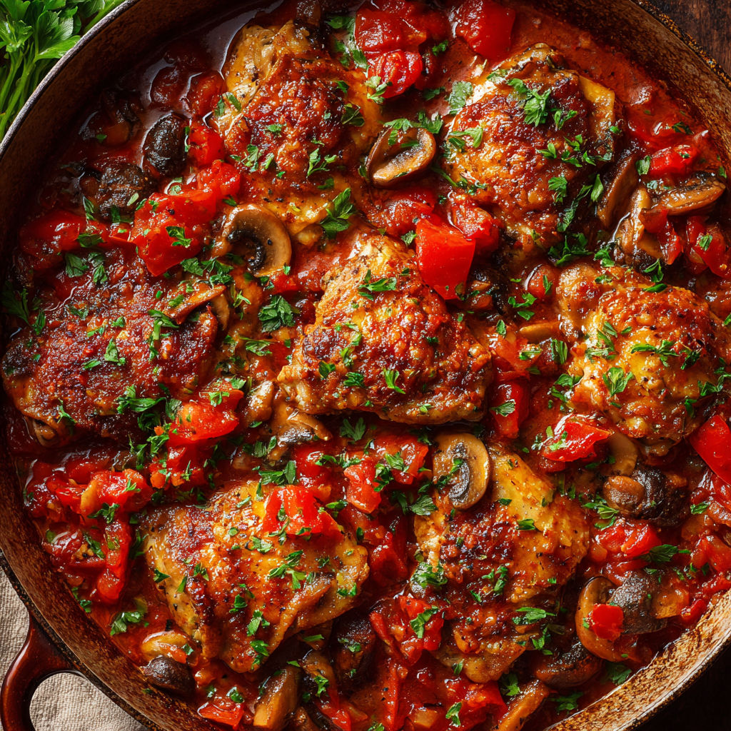 Un plat de poulet cacciatore bien mijoté avec plein de tomates, des herbes et des champignons frais.
