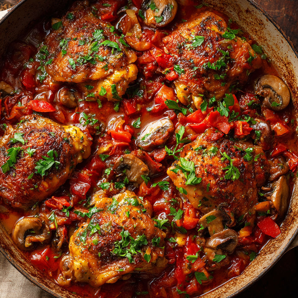 Un plat généreux de poulet mijoté à la tomate et champignons dans un bol métallique.