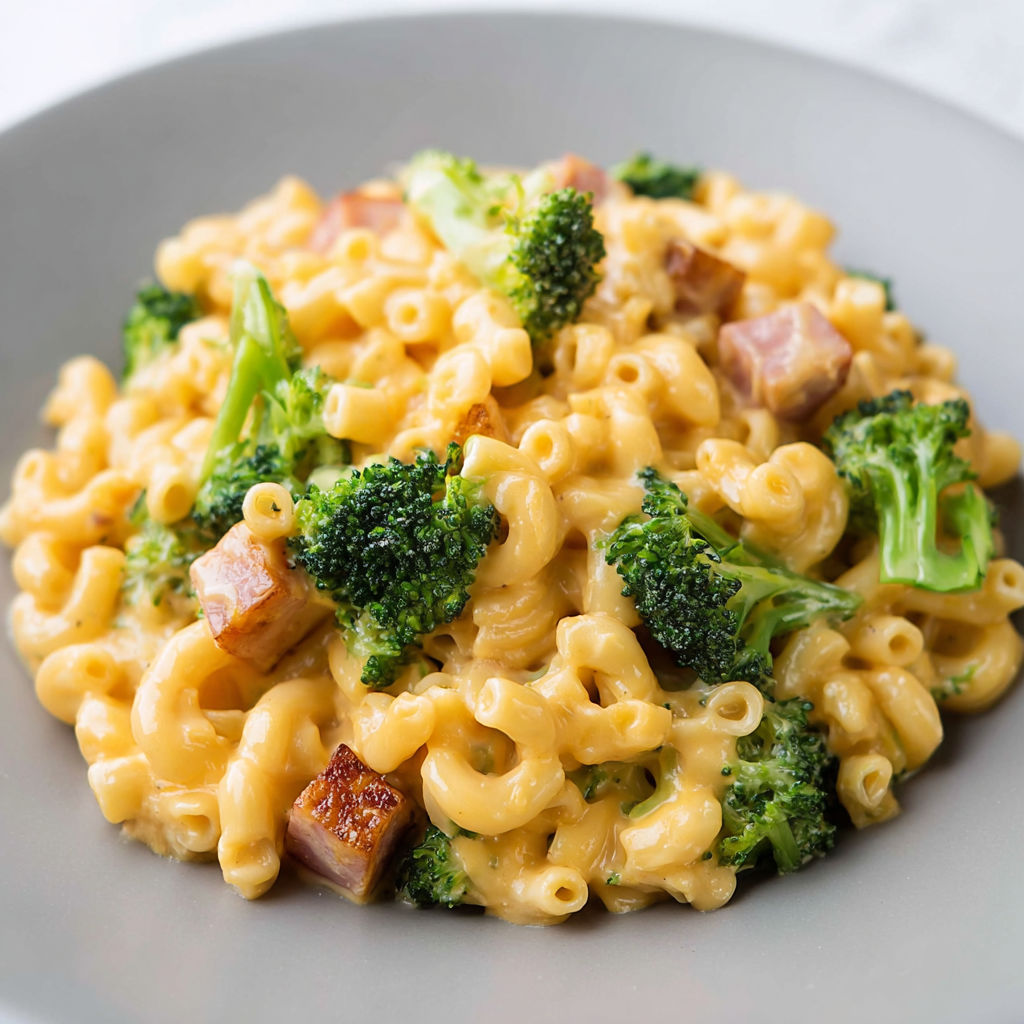 Macaronis sauce crémeuse et brocoli croquant, avec dés de jambon.