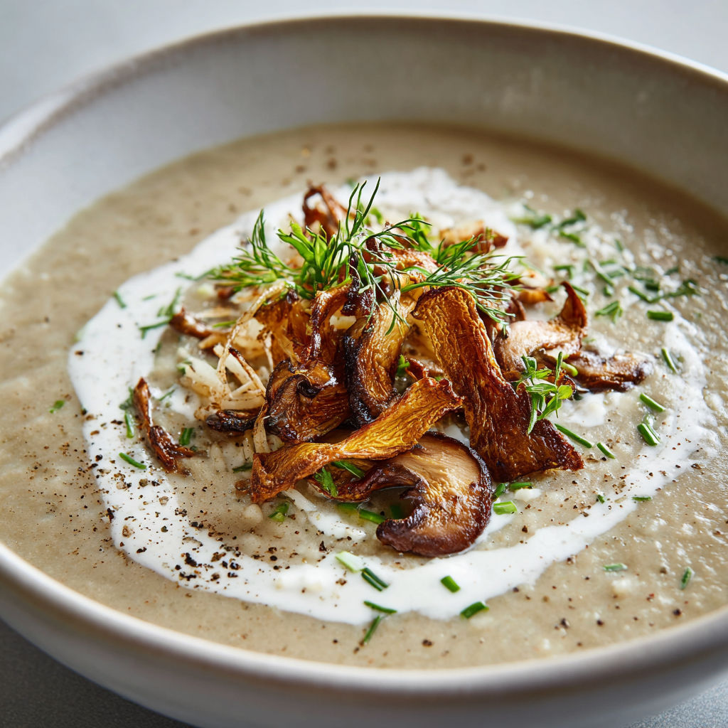 Un grand bol rempli d’une soupe crémeuse aux champignons et légumes, parsemée d’herbes fraîches et de croûtons de pommes de terre.
