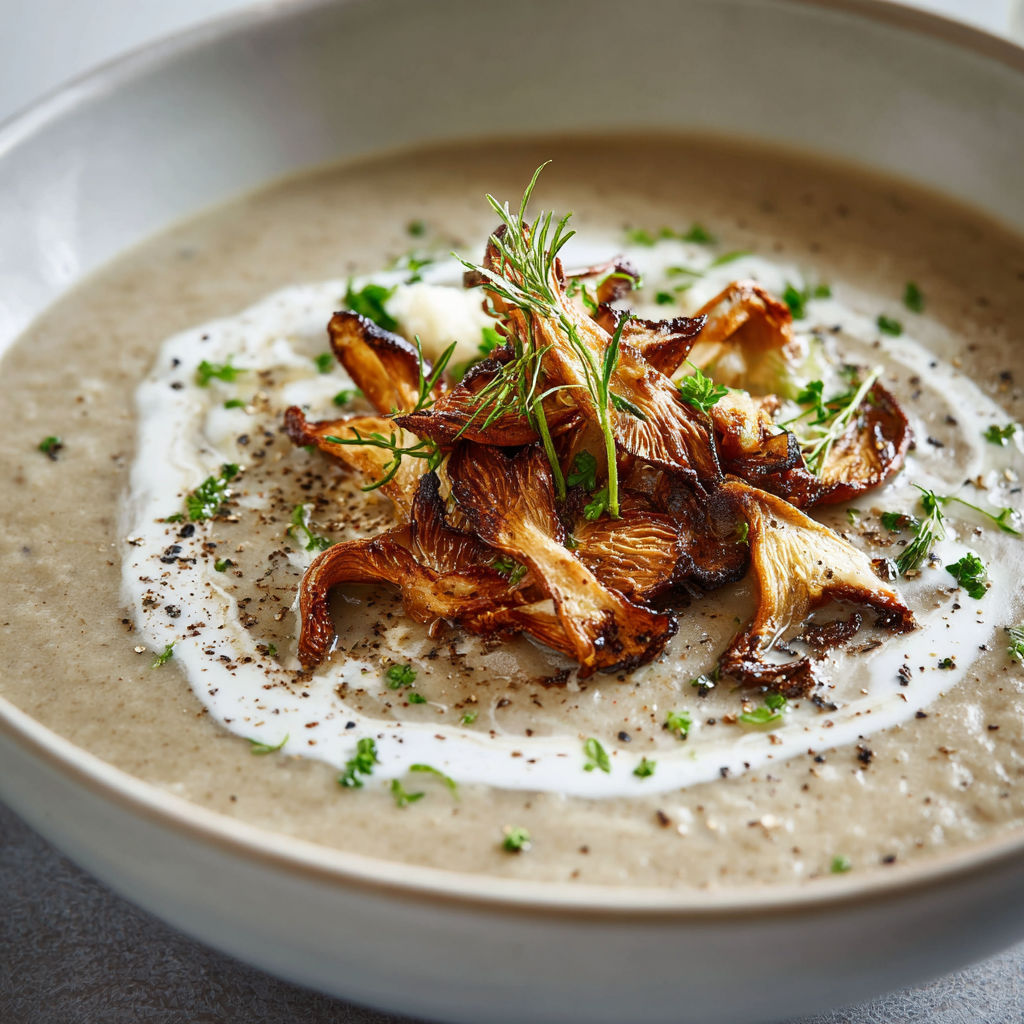 Une assiette bien chaude de soupe crémeuse aux champignons agrémentée d’herbes fraîches.