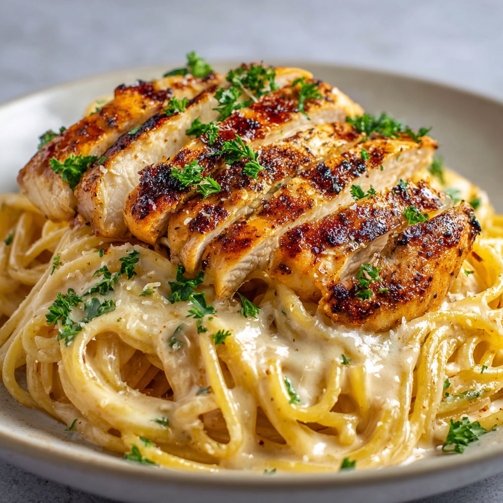 Des spaghetti tout crémeux au poulet bien doré, garnis d’herbes fraîches et de légumes, joliment servis dans un plat.