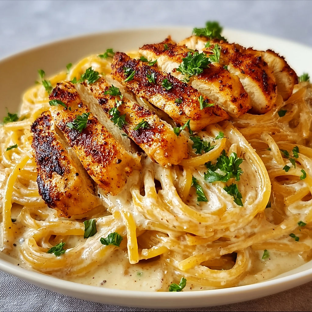 Une belle assiette de spaghetti crémeux au poulet doré, avec des herbes et des légumes, servie sur la table.