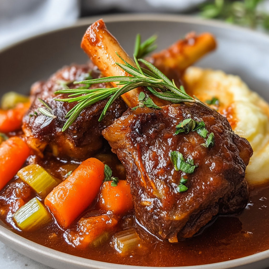 Des jarrets d’agneau mijotés servis dans une sauce gourmande avec légumes, carottes et pommes de terre autour.