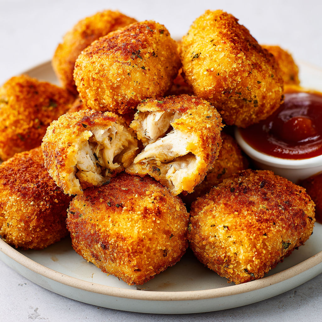 Un tas de croquettes de poulet avec une sauce ketchup.