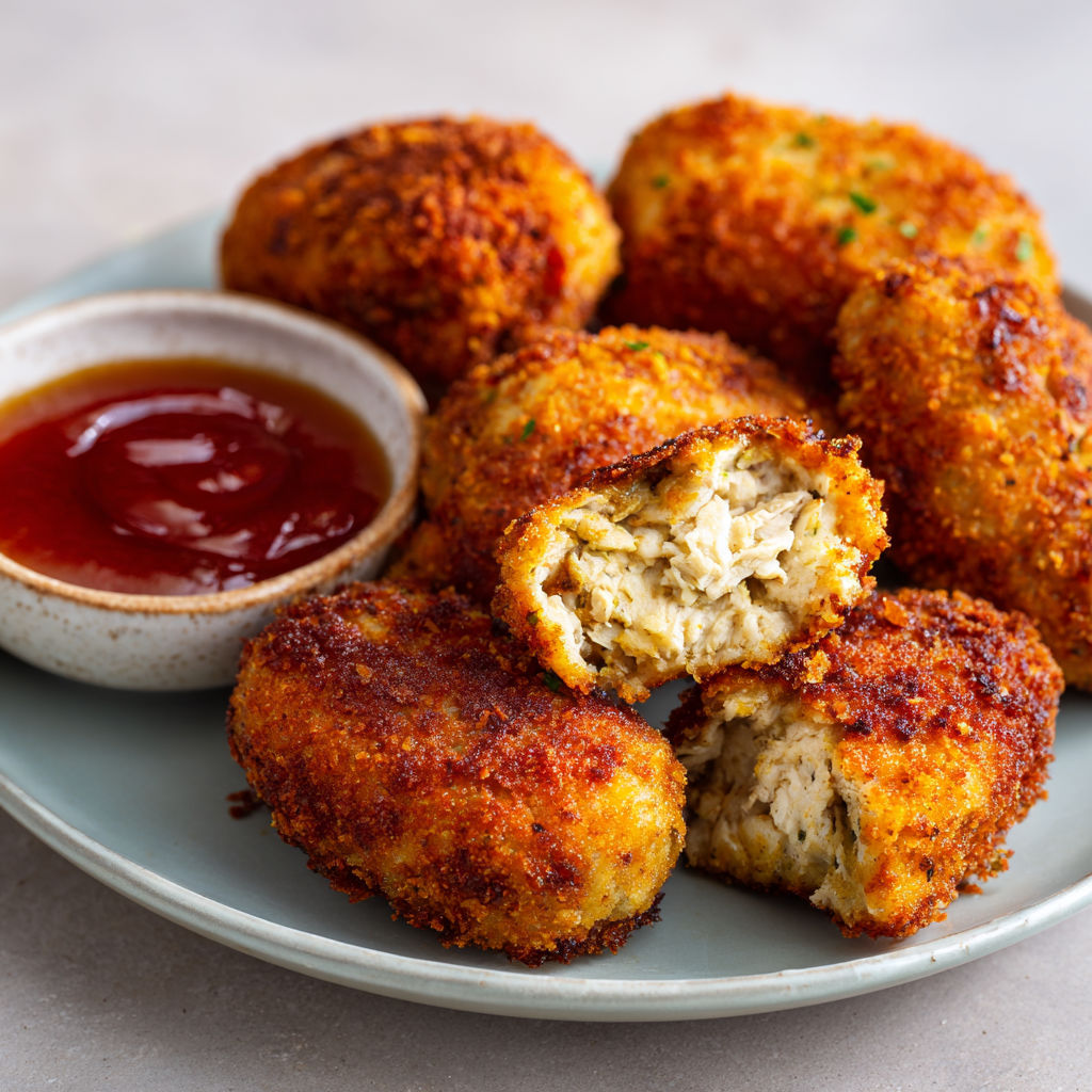 Une pâte à frire dorée posée sur un plateau avec une sauce à côté.