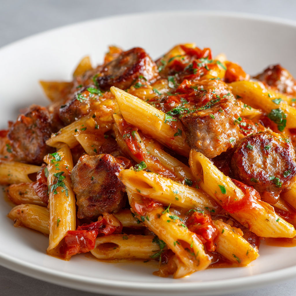 Une assiette de pâtes nappée de sauce tomate et saucisses.
