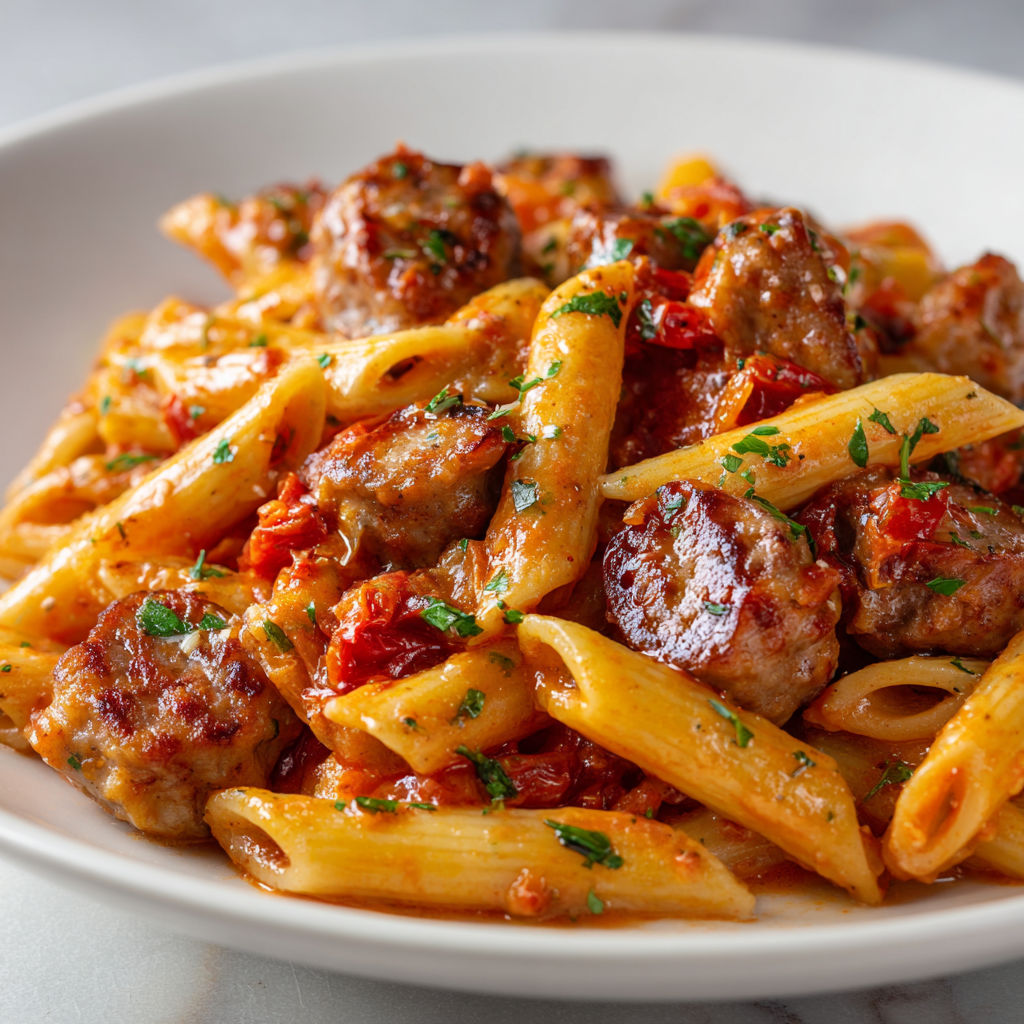 Une assiette de spaghetti nappée de sauce tomate, boulettes et herbes.