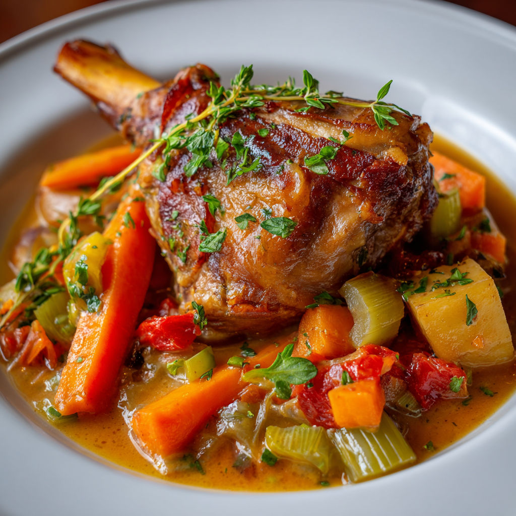Jarret de porc braisé et légumes tendres servis dans une grande cocotte en fonte.