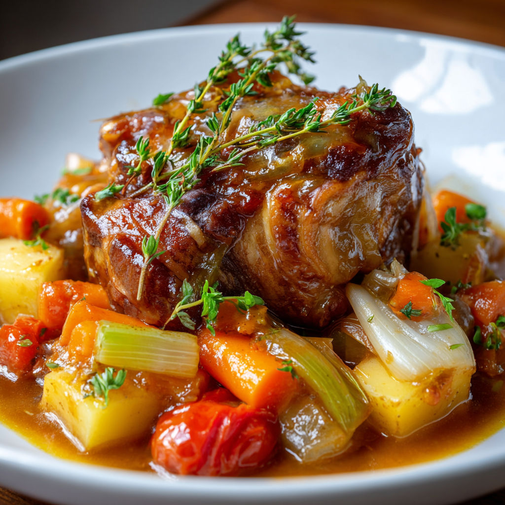 Plat généreux de jarret de porc fondant avec légumes dans une cocotte en fonte.