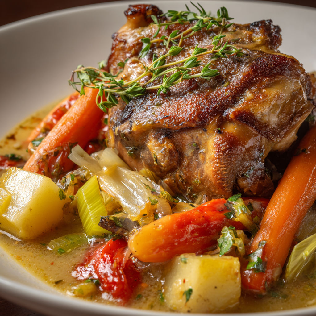 Cocotte en fonte remplie de jarret de porc braisé et légumes.