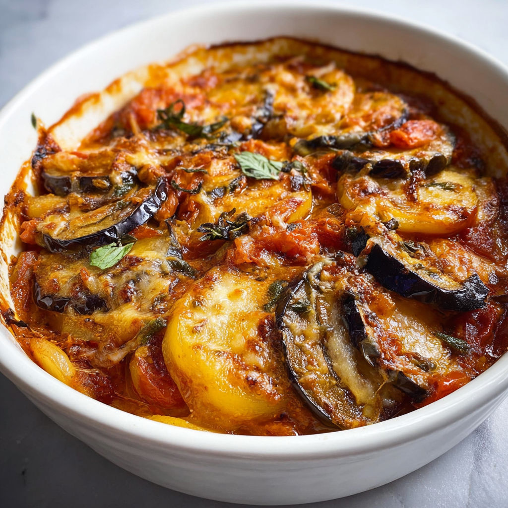 Une casserole d’aubergines, pommes de terre et tomates servie dans un bol blanc.