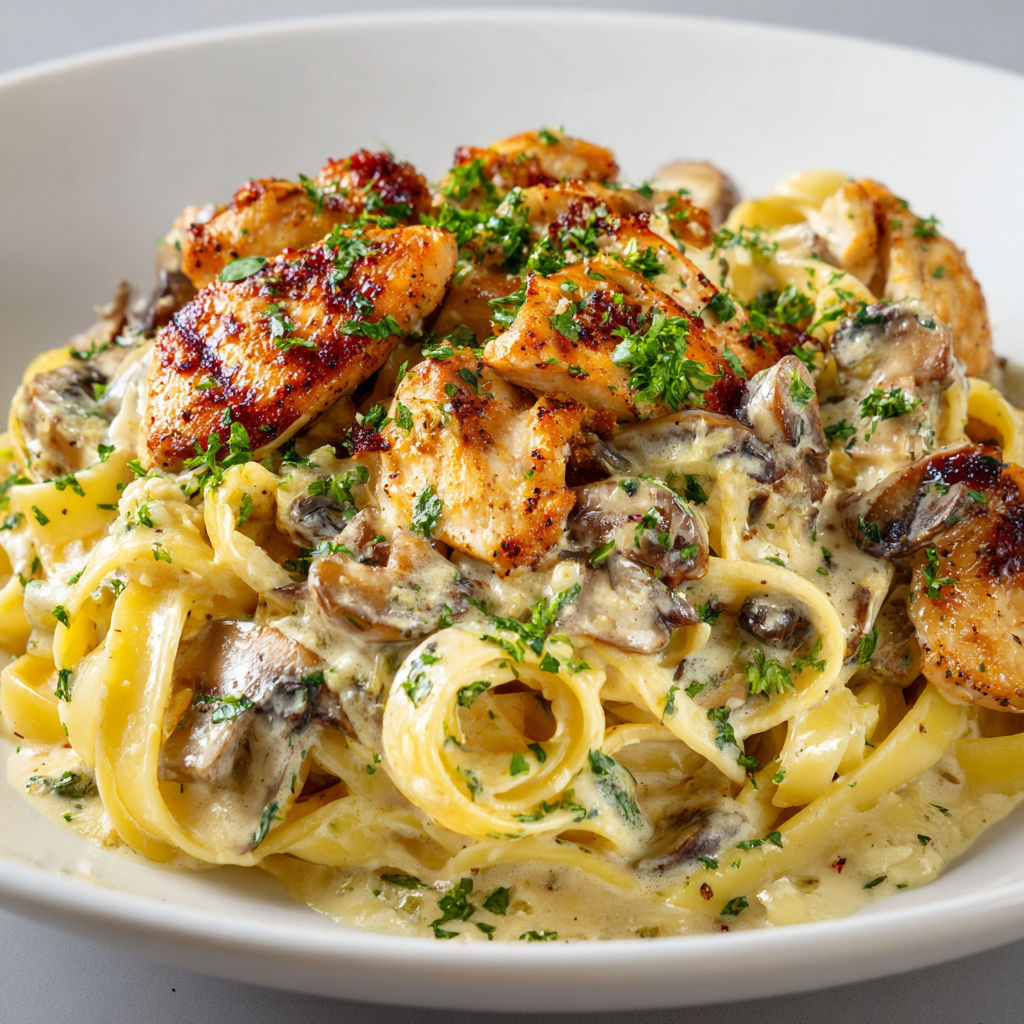 Des pâtes généreuses au poulet et aux champignons, nappées d'une sauce crémeuse, prêtes à être dégustées autour de la table.