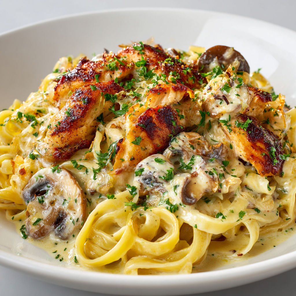 Une belle assiette de pâtes crémeuses au poulet et champignons, nappée d’une sauce généreuse.