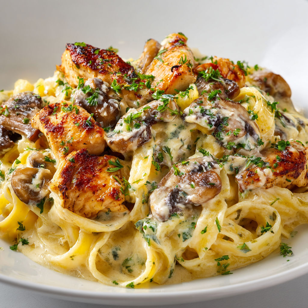 Une belle assiette de pâtes crémeuses au poulet et champignons, nappée d’une sauce généreuse.