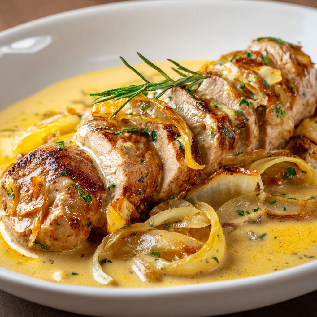 Un morceau de porc grillé accompagné de pommes de terre et d’oignons dans une sauce onctueuse au lait.