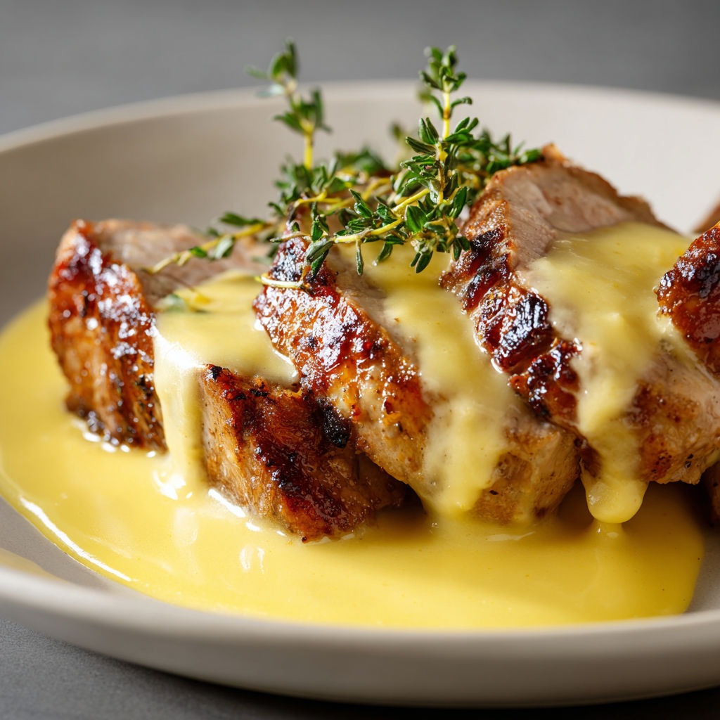 Filet mignon nappé de hollandaise, garni d’un peu d’herbes.