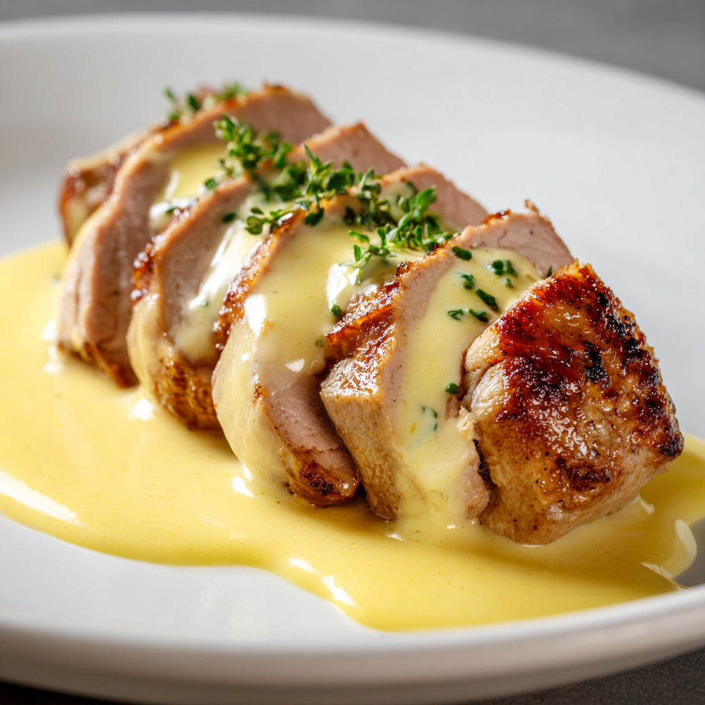 Blanc de volaille grillé nappé de sauce citron-herbes et beurre fondant.