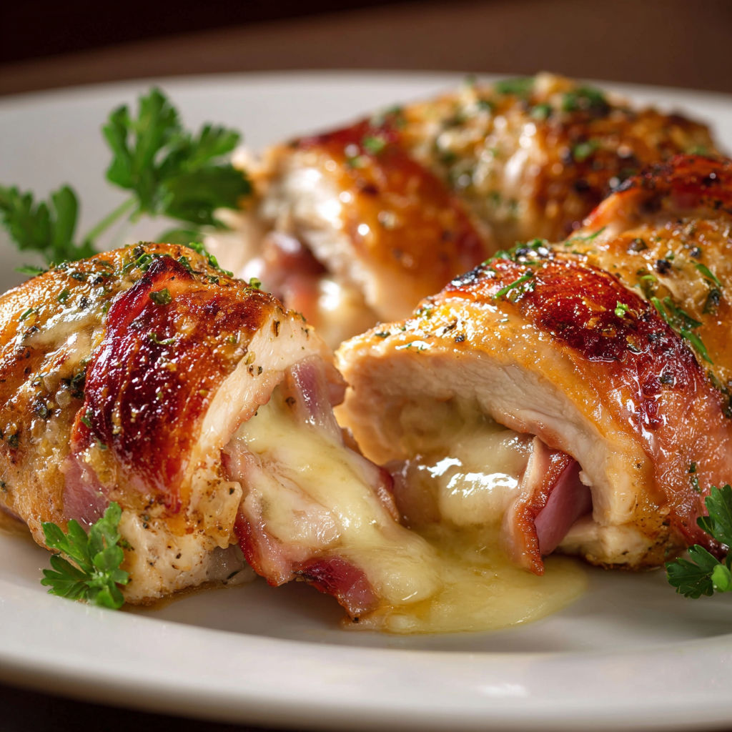 Des roulés de poulet bien dorés avec fromage et herbes, servis sur une assiette.
