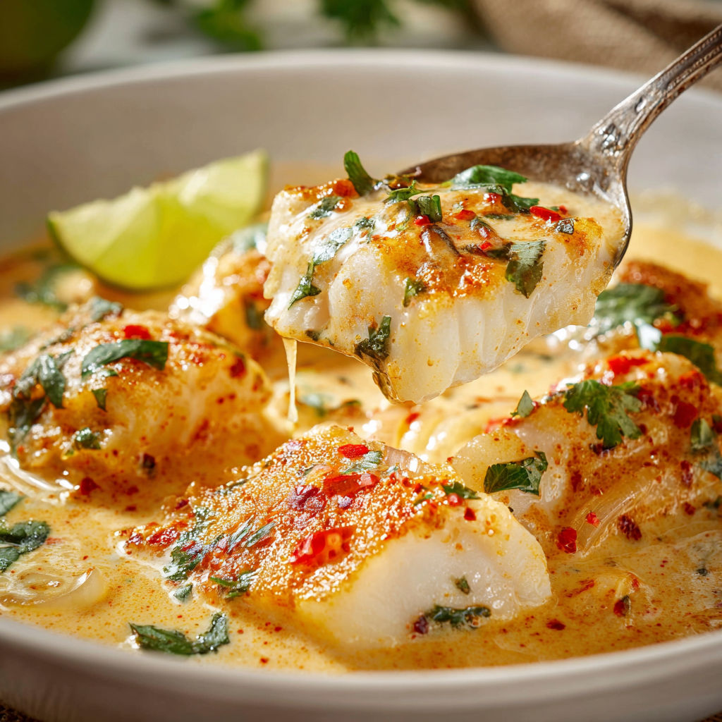 Du cabillaud épicé bien nappé de lait de coco prêt en un éclair, une cuillère plonge dans la sauce crémeuse.