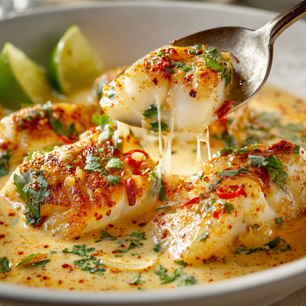 Un beau cabillaud épicé qui nage dans la sauce coco, une cuillère s’en sert une part rapide.