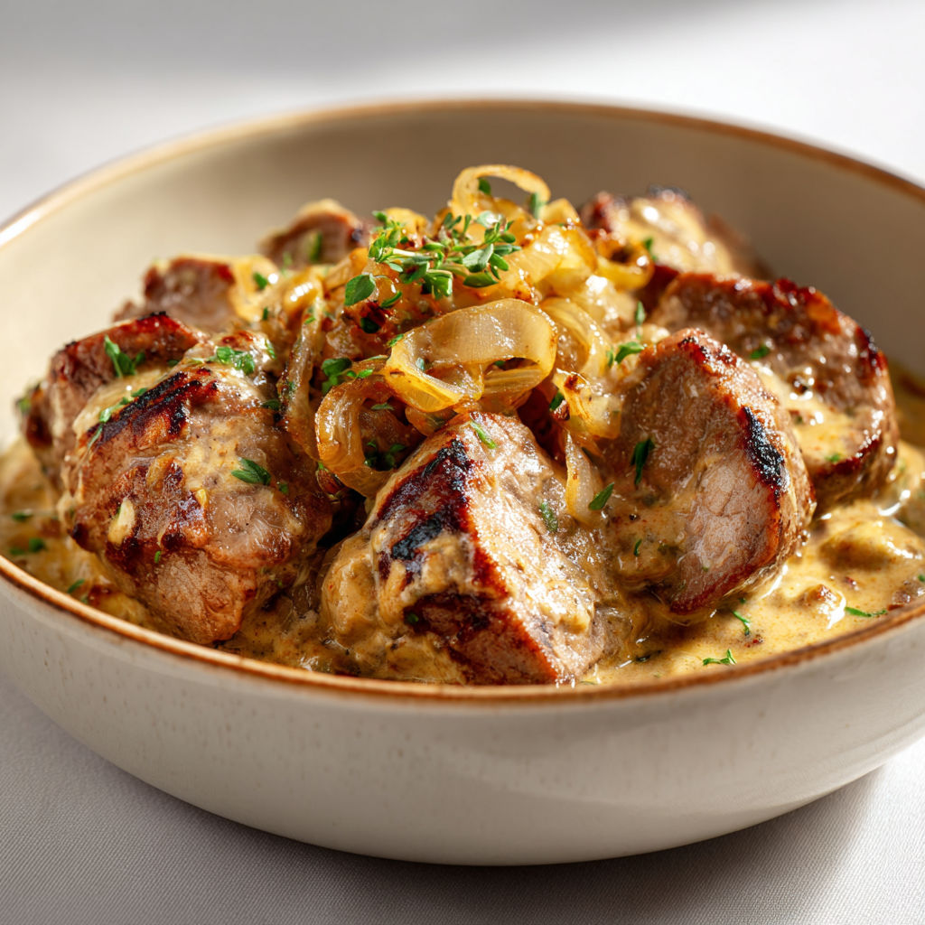 De la viande dorée, des oignons fondus et des herbes fraîches nappés de sauce.
