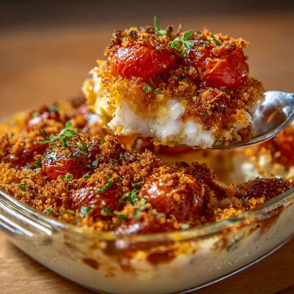 Un bol garni de cabillaud en crumble, avec des tomates cerises et des herbes fraîches posé sur une table.
