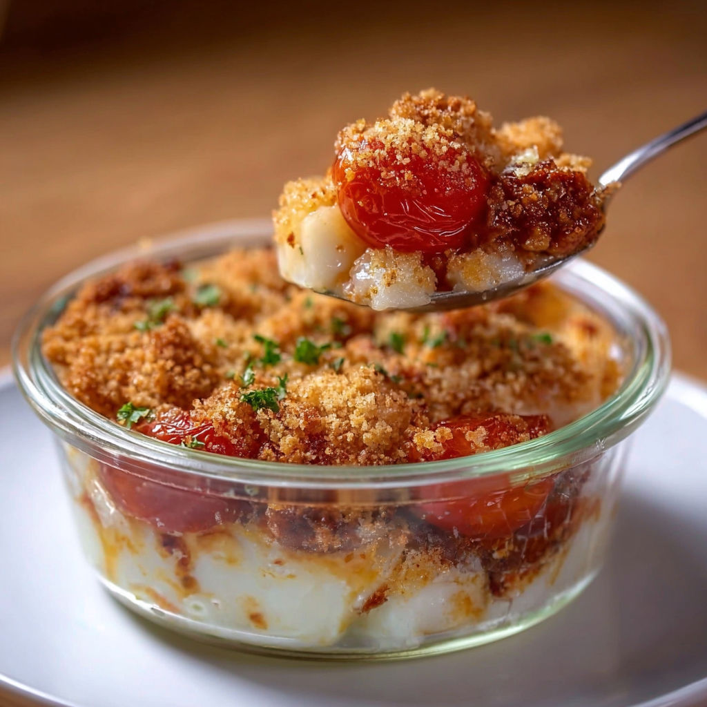 Une belle portion dorée de crumble salé à la tomate et au fromage, qu’on attrape avec une fourchette.
