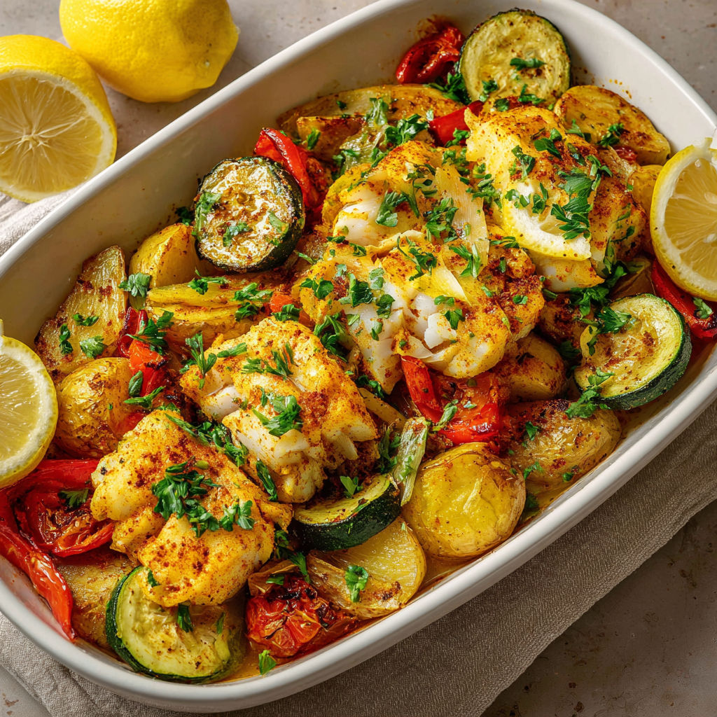 Assiette avec poisson, légumes et citron.