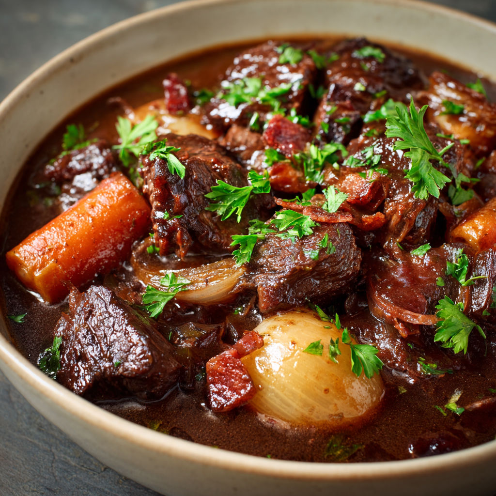 Plat mijoté de boeuf bourguignon, carottes et herbes fraîches.