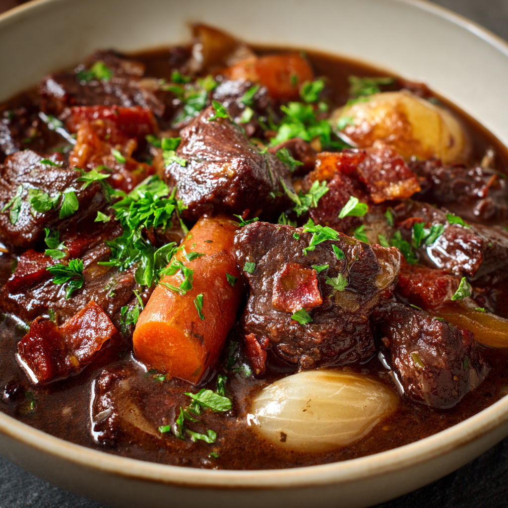 Un savoureux plat mijoté de bœuf aux carottes et persil, tout chaud et prêt à être dégusté.