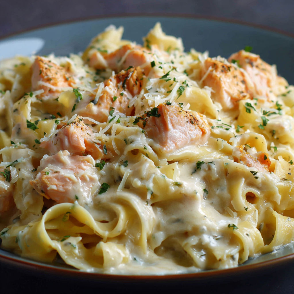 Un joli tas de tagliatelles nappé de crème, saumon et petites herbes.
