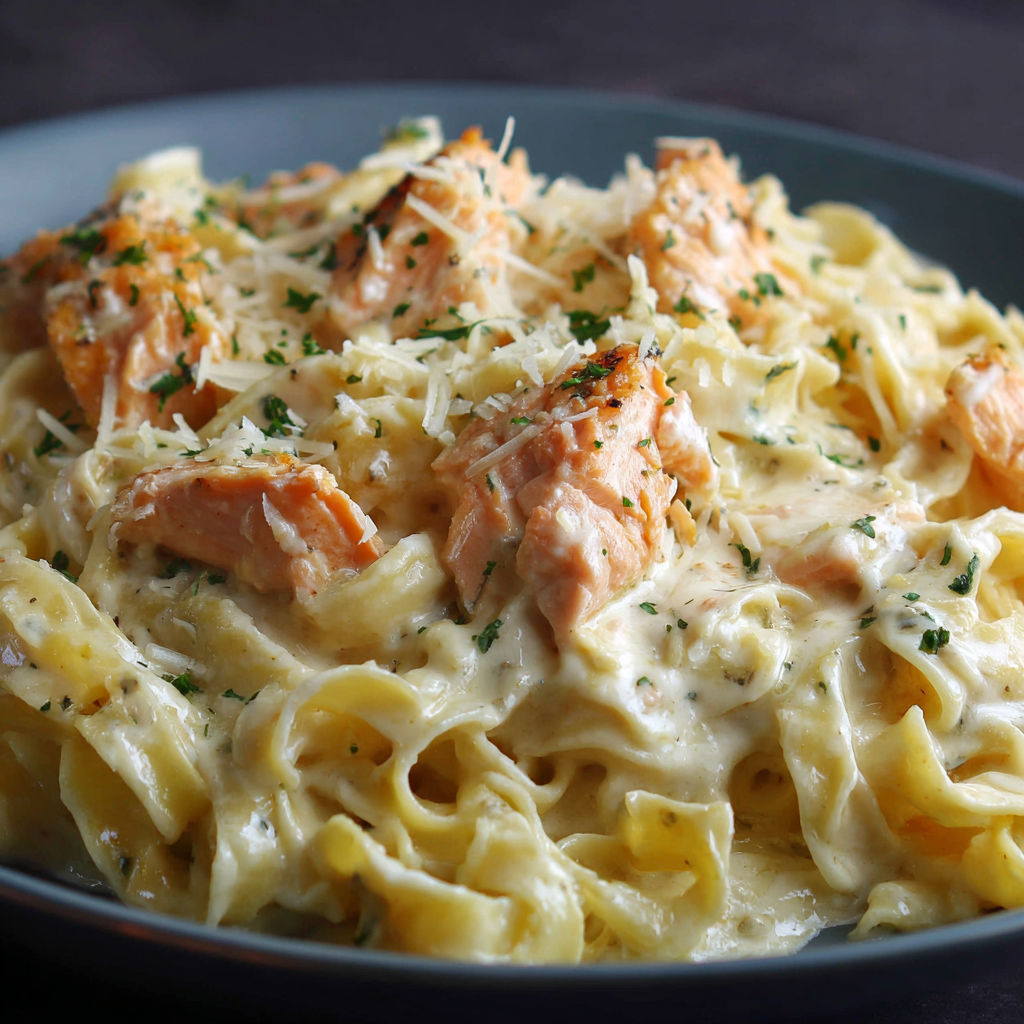 Un plat de tagliatelles avec une sauce crémeuse au poisson, légumes et herbes pour un parfum gourmand.
