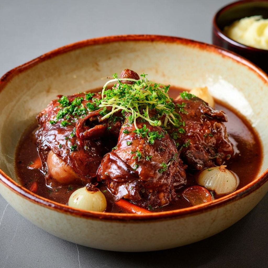Sur la table, un coq au vin entouré de légumes et de pommes de terre prêt à être dégusté.