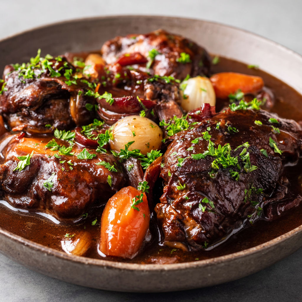 Plat mijoté à base de viande accompagnée de carottes et lardons, servi dans un grand bol en métal.