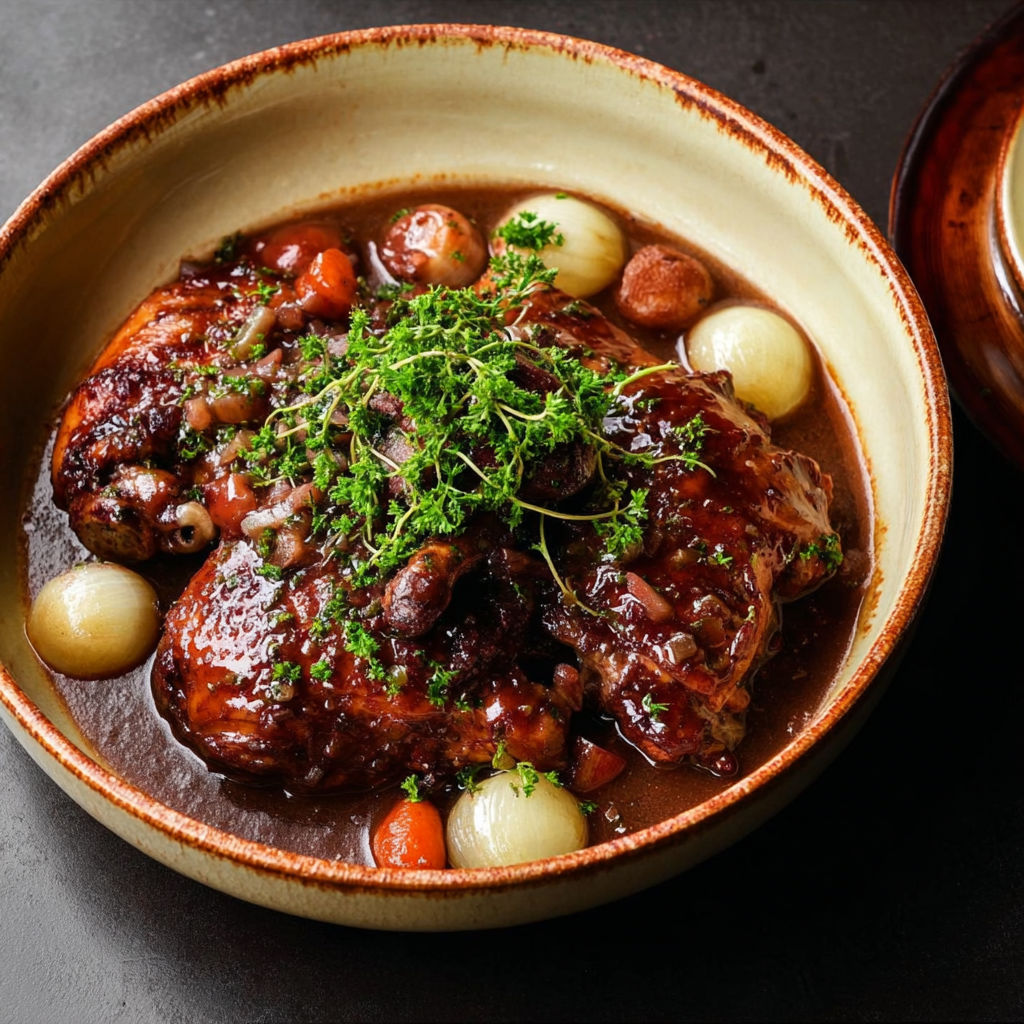 Viande mijotée avec légumes et pommes de terre dans un bol rustique en terre cuite.