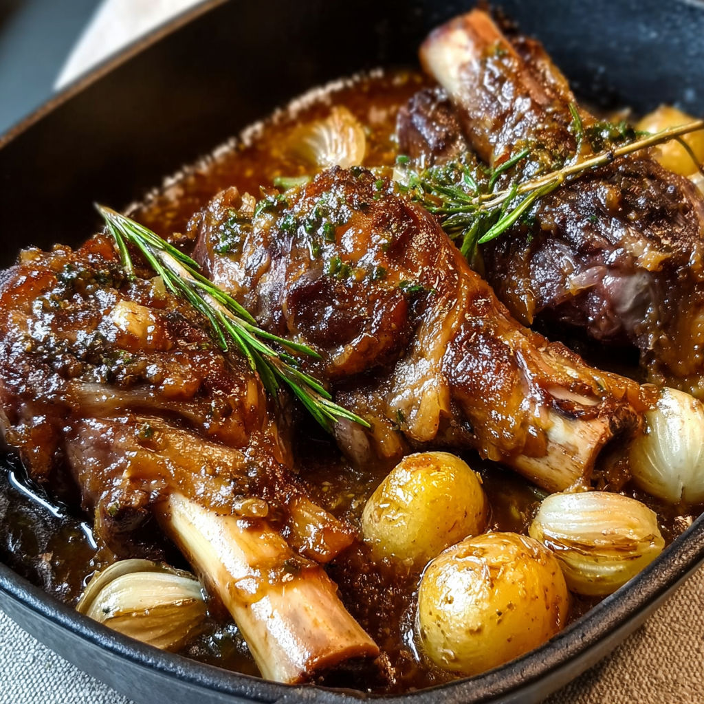 Souris d'Agneau confite au miel et aux herbes – Viande d'agneau dorée dans une sauce au miel, avec herbes fraîches.