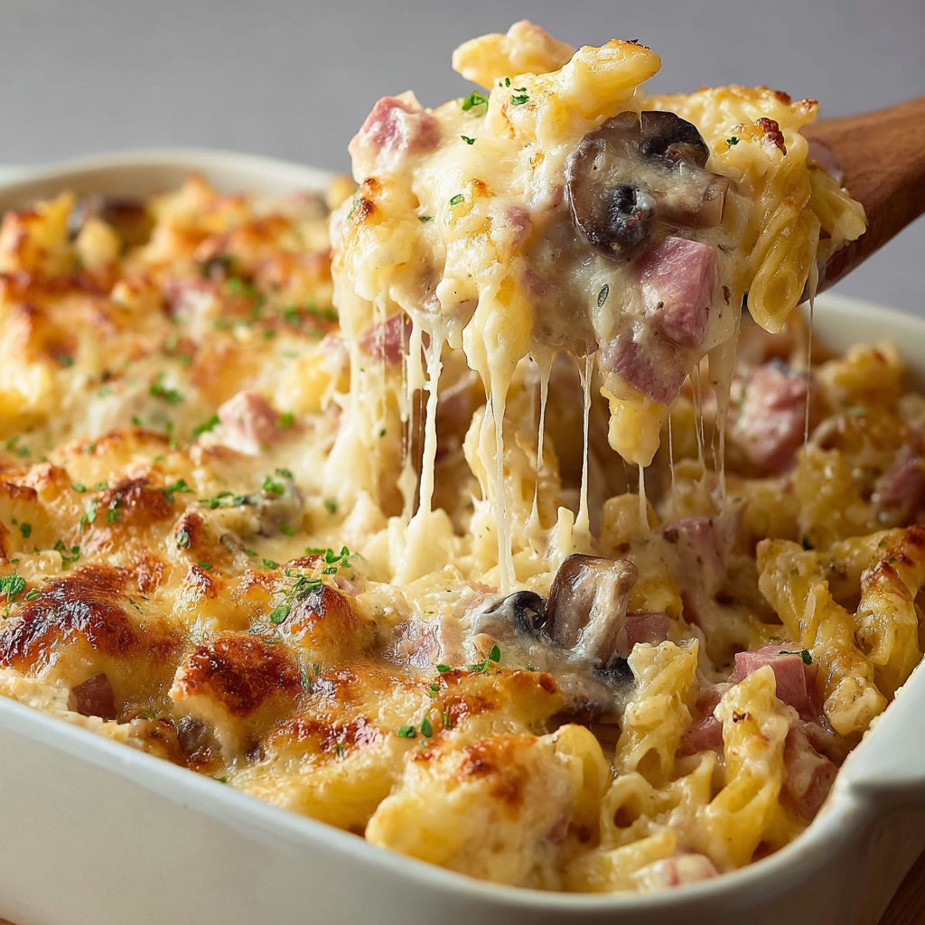 Un gratin aux pâtes, jambon, double fromage et champignons bien doré, prêt à être goûté.